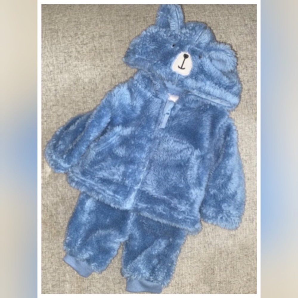 Little Wonders Newborn Softest Set Baby Teddy Bear Zip Up Top Pants Blue